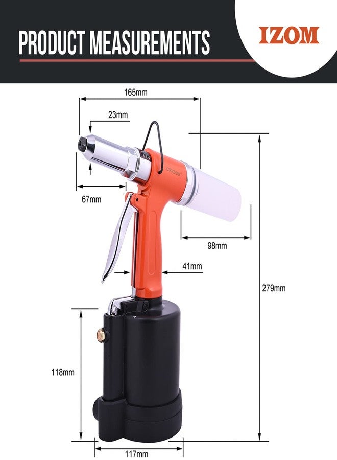 IZOM IZ-6017 Pneumatic POP Rivitter (3.2mm, 4.00mm, 4.80mm & 6.4mm) 1400kgs Pull Force Heavy Duty Design with Front Exhaust Ideal for Assembly Line - Image 2